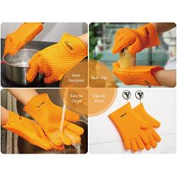 HYFEEL Silicone BBQ Cooking Gloves Kitchen Oven Mitts Heat Resistant for Baking Grilling Frying Barbeque with Fingers,1 Pair (Orange)