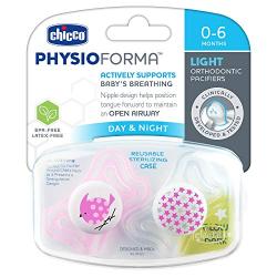 Chicco PhysioForma Light Day & Night including Glow In Dark Pacifier for Babies 0-6m, Pink, Orthodontic Nipple, BPA-Free, 2-count in Sterilizing Case