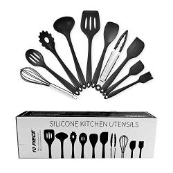 Silicone Kitchenware Set 10 Piece Set, Silicone Scraper Cooking Brush Food Clip Cooking Shovel Spoon for Non-Stick Cookware, black