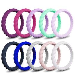 Mokani Silicone Wedding Ring for Women, 10/4/1 Pack Thin and Braided Rubber Band, Fashion, Colorful, Comfortable fit, Skin Safe