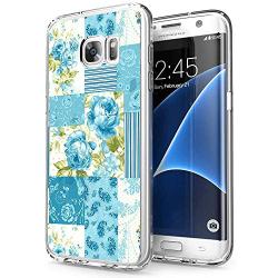 Samsung Galaxy S7 Case, Soft TPU Slim-Fit Flexible Ultra-Thin Clear Case, Full-Body Rugged Bumper Print Blue Flower Case for Samsung Galaxy S7, Transparent