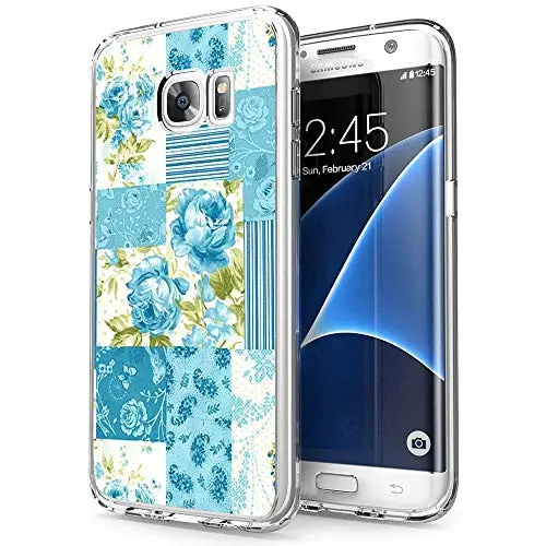 Samsung Galaxy S7 Case, Soft TPU Slim-Fit Flexible Ultra-Thin Clear Case, Full-Body Rugged Bumper Print Blue Flower Case for Samsung Galaxy S7, Transparent