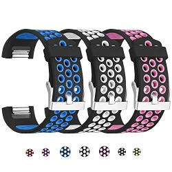 SKYLET Compatible with Fitbit Charge 2 Bands, 3 Pack Breathable Silicone Replacement Sport Wristbands Compatible with Fitbit Charge 2 with Secure Watch Clasp Men Women Large Small