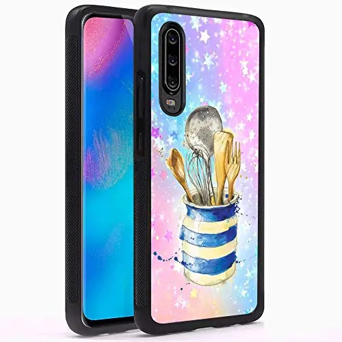 Huawei P30 Case with Kitchenware Pattern Whimsical Design Bumper Black Soft TPU and PC Protection Anti-Slippery &Fingerprint Case for Huawei P30