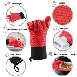 Oven Gloves, Heat Resistant Cooking Gloves Silicone Grilling Gloves Long Waterproof BBQ Kitchen Oven Mitts with Inner Cotton Layer for Barbecue, Cooking, Baking