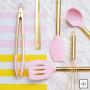 Pink & Gold Cooking Utensils with Stainless Steel Utensil Holder-Silicone Cooking Utensil Set: Gold Whisk,Gold Ladle,Pink Spatula,Gold & Pink Tongs,Pink & Gold Serving Spoon,Turner,Gold Utensil Holder