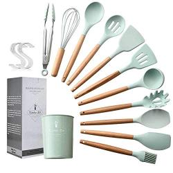 Leoie 11Pcs/Set Light Green Color Silicone Kitchenware Set with Wooden Handle 12.5x12.5x33.5cm