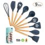 SZJJI Silicone Kitchen Cooking Utensil Set, Heat-Resistant Silicone Spatula Utensil Set with Wooden Handles for Nonstick Cookware Kitchenware,9pieceset