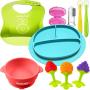 Baby Feeding Set - Silicone Baby Plates and Baby Dishes - Silicone Bibs - Suction Silicone Bowl and Dishes for Toddlers - Includes Toothbrush and Teethers (8 Pieces)