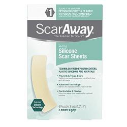 ScarAway Long Silicone Scar Treatment Sheets, Ideal for Larger and Longer Scars - 6 Multi-Use Adhesive Soft Fabric Strips, 1.5 in. x 7 in.