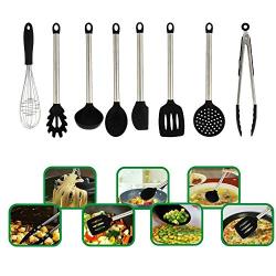 ARB Market 8×Kitchen Set Nonstick Utensils Set Best Cooking Tools Stainless Steel Silicone Safe For Pots & Pans, Serving Tongs, Spoon, Spatula Tools, Pasta Server, Ladle, Strainer, Whisk (Black)