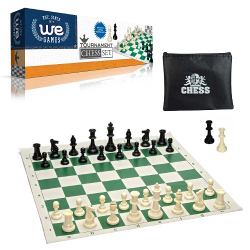 WE Games Tournament Chess Set? Heavy Weighted Chess Pieces with Green Roll-up Chess Board and Zipper Pouch for Chessmen