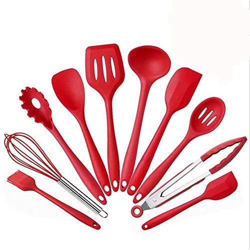 Heat-Resistant Silicone Cooking Utensils Pots Tool Sets Non-stick Cookware Set Baking Tool Kit Kitchenware 10 pcs/Pack (red)