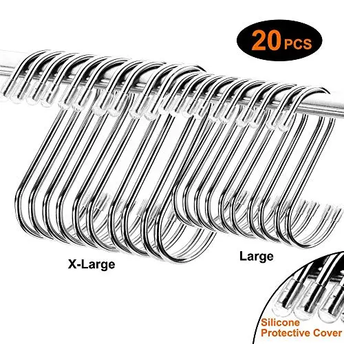 FIFR 20PCS S Hook Stainless Steel Metal Hanging, Sturdy and Shiny with No Sharp Edges Hanger Hooks Great for Hanging Kitchenware Pan Pots Utensils Closet Clothes Bags Towels.