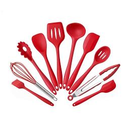 Wenichen Silicone Kitchen Utensil - Non-stick Cooking Tool Set Heat Resistance Silicone Kitchenware Turner Tongs Spatula Spoon Kitchen Gadgets, Set of 10 (Red)