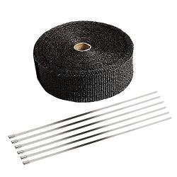 SunplusTrade 2" x 50 Black Exhaust Heat Wrap Roll for Motorcycle Fiberglass Heat Shield Tape with Stainless Ties