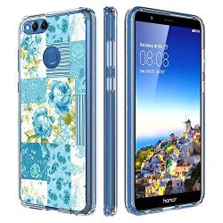 Huawei Honor 7X Case, Soft TPU Slim-Fit Flexible Ultra-Thin Clear Case, Full-Body Rugged Bumper Print Blue Flower Case for Huawei Honor 7X, Transparent