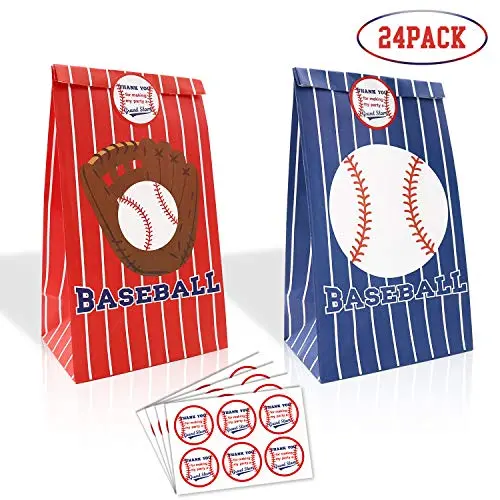 24 Packs Baseball Goodie Candy Treat Bags Baseball Party Gift Bags with Thank You Stickers for Kids Sports Theme Birthday Party Decorations MLB Game Celebration Supplies