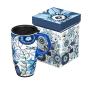 Shades of Indigo Flowers and Butterflies Ceramic Travel Coffee Mug 17oz