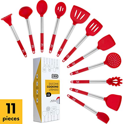 Klee 11-Piece Nonstick Silicone Cooking Utensil Set with Stainless Steel Handles (Red)