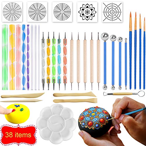 3HART 38PCS Mandala Dotting Tools for Painting Rocks, Stone Painting Mandala Dotting, Dotting Tools for Painting Mandalas, Rock Supplies Dotting with Stencils Template and Clay Sculpting Tools