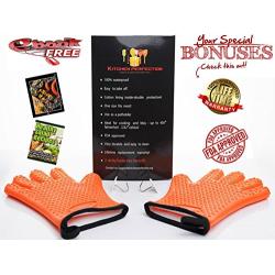 No.1 Set of Silicone Smoker Oven Gloves - Extreme Heat Resistant Washable Mitts for Safe Cooking Baking & Frying at The Kitchen,BBQ Pit & Grill. Superior Value Set + 3 Bonuses (Orange)