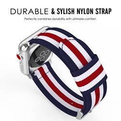 MoKo Compatible Band Replacement for Apple Watch 42mm 44mm Series 5/4/3/2/1, Fine Woven Nylon Adjustable Replacement Wristband Strap - Blue & White & Red (Not fit 38mm 40mm Versions)