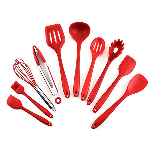 Kitchen Supplies Wok Spatula Household Kitchenware Kitchen Non-Stick Silicone 10 Piece Set Tool Accessories (Color : Red)