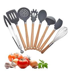 Silicone kitchenware 8 Pieces Of Gray Food Grade Silicone Cookware Kitchen Cooking Utensils Set Durable Heat Resistant Wooden Handle Nonstick Cookware Cooking Tools Perfect Suit For Any Kitchen Very s