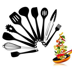 Kitchen Utensils Silicone Heat Resistant Cooking Utensil Non-Stick Set 10 Piece Cooking Set Kitchen Tools Turner, Whisk, Spoon,Brush,spatula, Ladle Slotted turner Tongs Pasta Fork(Black)