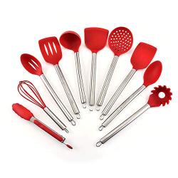 Jdeepued Silicone kitchenware 10 Pieces Silicone Cooking Utensils Kitchen Utensil Set Stainless Steel Handles Cooking Tools for Nonstick Cookware Red Silicone Kitchen Utensils