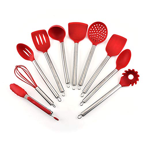 Yuybei-Home Silicone kitchenware 10 Pieces Silicone Cooking Utensils Kitchen Utensil Set Stainless Steel Handles Cooking Tools for Nonstick Cookware Nonstick Heat Resistant Tools