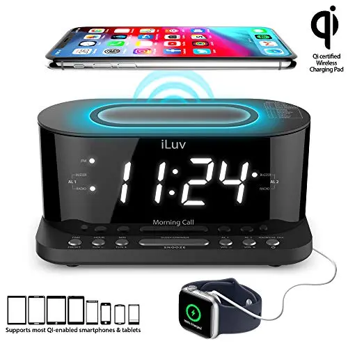 iLuv Wireless Charging Alarm Clock with Qi Certified, 1.2" Jumbo LED Dual alarm Clock , Radio Alarm Clock, FM 10 Preset, USB Charging Alarm Clock, Sleep Timer, 3 Dimmer,100 -240V AC Power