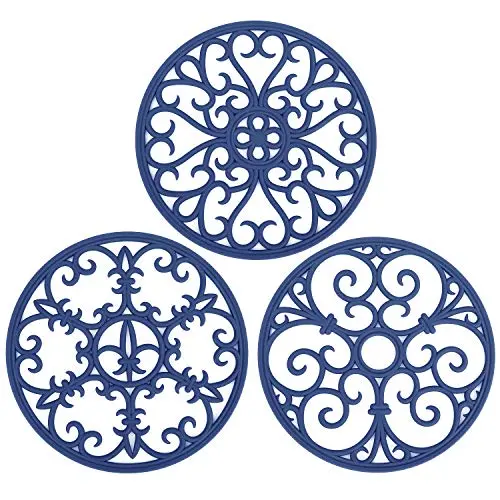 Non Slip Silicone Carved Trivet Mats Set For Dishes- Heat Resistant Coasters-Modern Kitchen Hot Pads For Pots & Pans | (Round, Set of 3, Navy Blue)