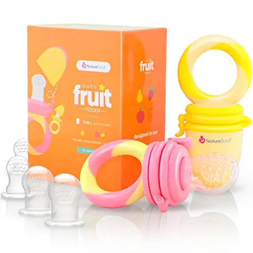 NatureBond Baby Food Feeder/Fruit Feeder Pacifier (2 Pack) - Infant Teething Toy Teether in Appetite Stimulating Colors | Bonus Includes All Sizes Silicone Sacs (Peach Pink and Lemonade Yellow)