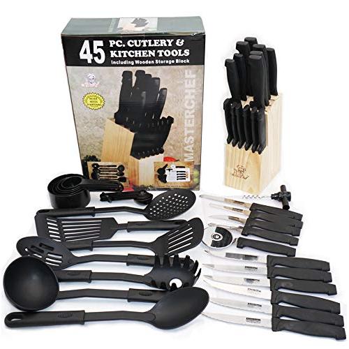 Bellamo 45-Piece Cutlery Set w/Wooden Block & Nylon Kitchen Utensils | Includes 20-Piece Knives Set, 7-Piece Nylon Kitchen Tools, 17-Piece Kitchen Accessory Set