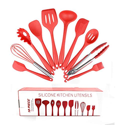 LinLinYi Silicone Kitchenware Set 10 Piece Set,Ladle,Pasta Fork,Spoonula,Slotted Spoon,Tong,Turner,Large Spatula,Whisk,Spatula,Basting Brush