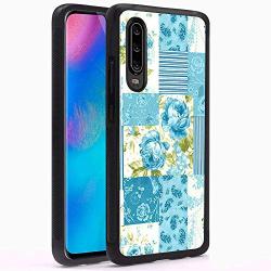 Huawei P30 Case, Blue Flower Shock-Absorption TPU Rubber Bumper Huawei P30 Case, Ultra Thin Slim Protective Cover for Huawei P30-Black