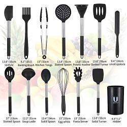 Silicone Cooking Utensil Set 14 Pcs, Uarter Kitchen Utensils Cooking Utensils Set, Non-stick Heat Resistant Silicone Cookware with Stainless Steel Handle - Black