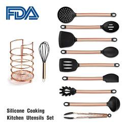 Copper Plated Handle Silicone Kitchenware Shovel Spoon Nonstick Cooking Set Silicone Cooking Kitchen Utensils Rose Gold 11-Piece