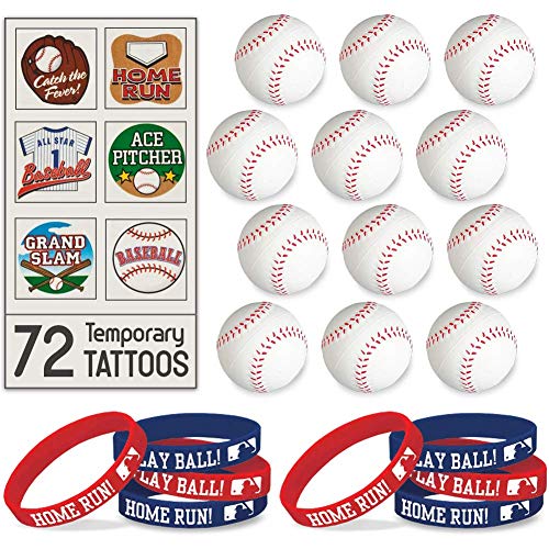 Baseball Party Favors - 12 Stress Squeeze Balls, 12 MLB Rubber Bracelets, 72 Temporary Tattoos, Great for Baseball and MLB Enthusiastic Kids, Birthday Party Supplies and Prizes