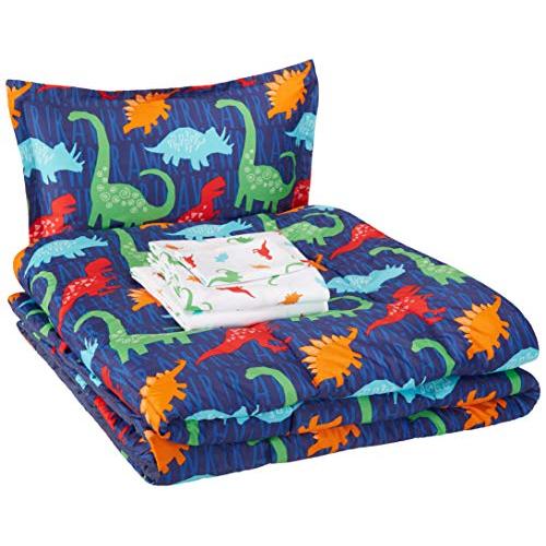 AmazonBasics Easy-Wash Microfiber Kids Bed-in-a-Bag Bedding Set - Twin, Multi-Color Dinosaurs