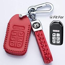 Hey Kaulor Car Key Cover Genuine Leather Smart Key Keyless Remote Entry Fob Case Cover with Key Chain for 2014-2019 Honda Odyssey (7 Buttons,