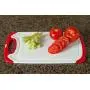 CC Boards 3-Piece Nonslip Cutting Board Set: Red and white plastic kitchen carving boards, each with juice groove and nonskid handle; dishwasher safe
