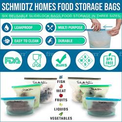 Schmidtz Homes Silicone Food Storage Bag (6) Reusable Slidelock Bags (3 Sizes) Eco-Friendly Leakproof Freezer and Microwave Safe BPA free FDA LFGB ROHS and MSDS Approved Safe Food Container