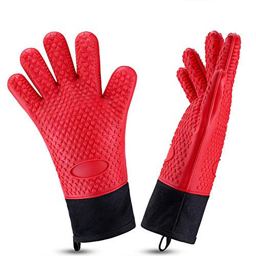 Oven Gloves, Heat Resistant Cooking Gloves Silicone Grilling Gloves Long Waterproof BBQ Kitchen Oven Mitts with Inner Cotton Layer for Barbecue, Cooking, Baking