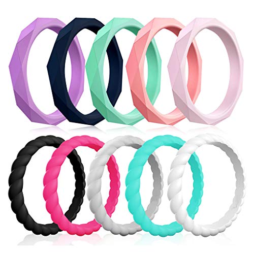 Silicone Wedding Rings for Women, 10-Pack Thin Rubber Wedding Bands Stackable Braided Ring, Affordable, Fashion, Colorful, Comfortable fit, Skin Safe