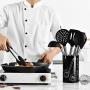 Jdeepued Silicone kitchenware 8 Piece Silicone Kitchen Utensil Set and A Holder Stainless Steel Silicone Kitchen Utensils Set Kitchen Tools and Gadgets Black Silicone Kitchen Utensils