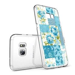 Samsung Galaxy S7 Case, Soft TPU Slim-Fit Flexible Ultra-Thin Clear Case, Full-Body Rugged Bumper Print Blue Flower Case for Samsung Galaxy S7, Transparent