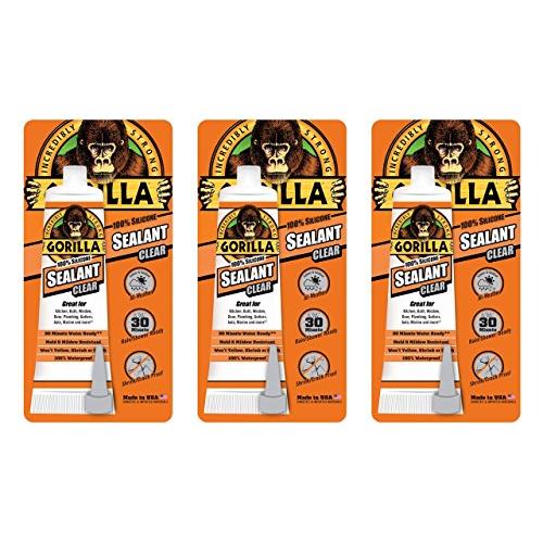 Gorilla 100 Percent Silicone Sealant Caulk, 2.8 ounce Squeeze Tube, Clear, (3 Pack)